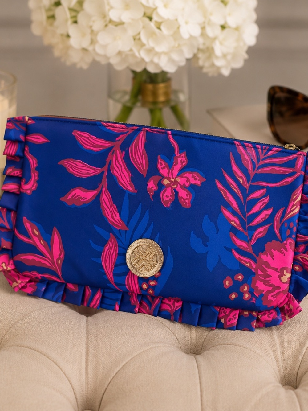 Lilly Pulitzer Floral Ruffle Clutch – Blue & Pink Resort Statement Bag 12”x7.5”